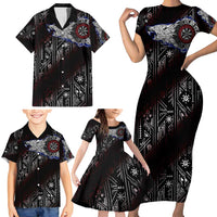 Fenrir Wolf Viking Family Matching Short Sleeve Bodycon Dress and Hawaiian Shirt with Vegvisir Runes and Red Circle Norse Legend Tribute - Wonder Print Shop
