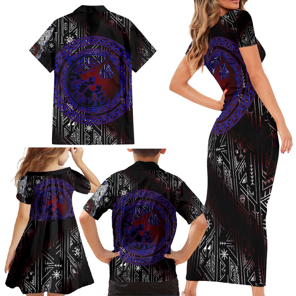 Fenrir Wolf Viking Family Matching Short Sleeve Bodycon Dress and Hawaiian Shirt with Vegvisir Runes and Red Circle Norse Legend Tribute - Wonder Print Shop