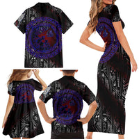 Fenrir Wolf Viking Family Matching Short Sleeve Bodycon Dress and Hawaiian Shirt with Vegvisir Runes and Red Circle Norse Legend Tribute - Wonder Print Shop