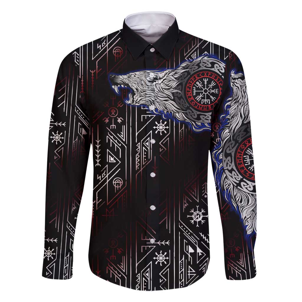Fenrir Wolf Viking Family Matching Short Sleeve Bodycon Dress and Hawaiian Shirt with Vegvisir Runes and Red Circle Norse Legend Tribute - Wonder Print Shop