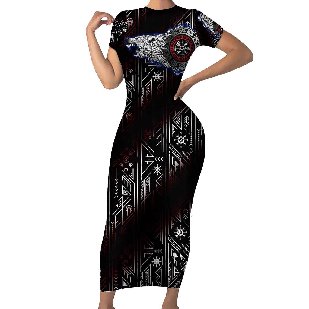 Fenrir Wolf Viking Family Matching Short Sleeve Bodycon Dress and Hawaiian Shirt with Vegvisir Runes and Red Circle Norse Legend Tribute - Wonder Print Shop
