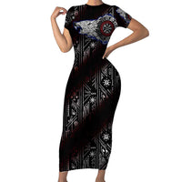 Fenrir Wolf Viking Family Matching Short Sleeve Bodycon Dress and Hawaiian Shirt with Vegvisir Runes and Red Circle Norse Legend Tribute - Wonder Print Shop