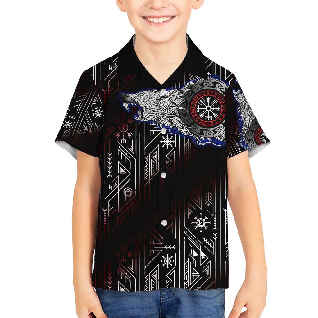 Fenrir Wolf Viking Family Matching Short Sleeve Bodycon Dress and Hawaiian Shirt with Vegvisir Runes and Red Circle Norse Legend Tribute - Wonder Print Shop