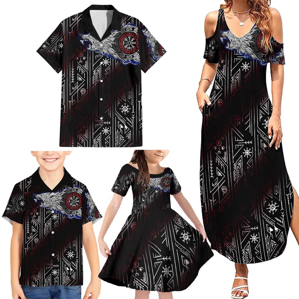 Fenrir Wolf Viking Family Matching Summer Maxi Dress and Hawaiian Shirt with Vegvisir Runes and Red Circle Norse Legend Tribute - Wonder Print Shop