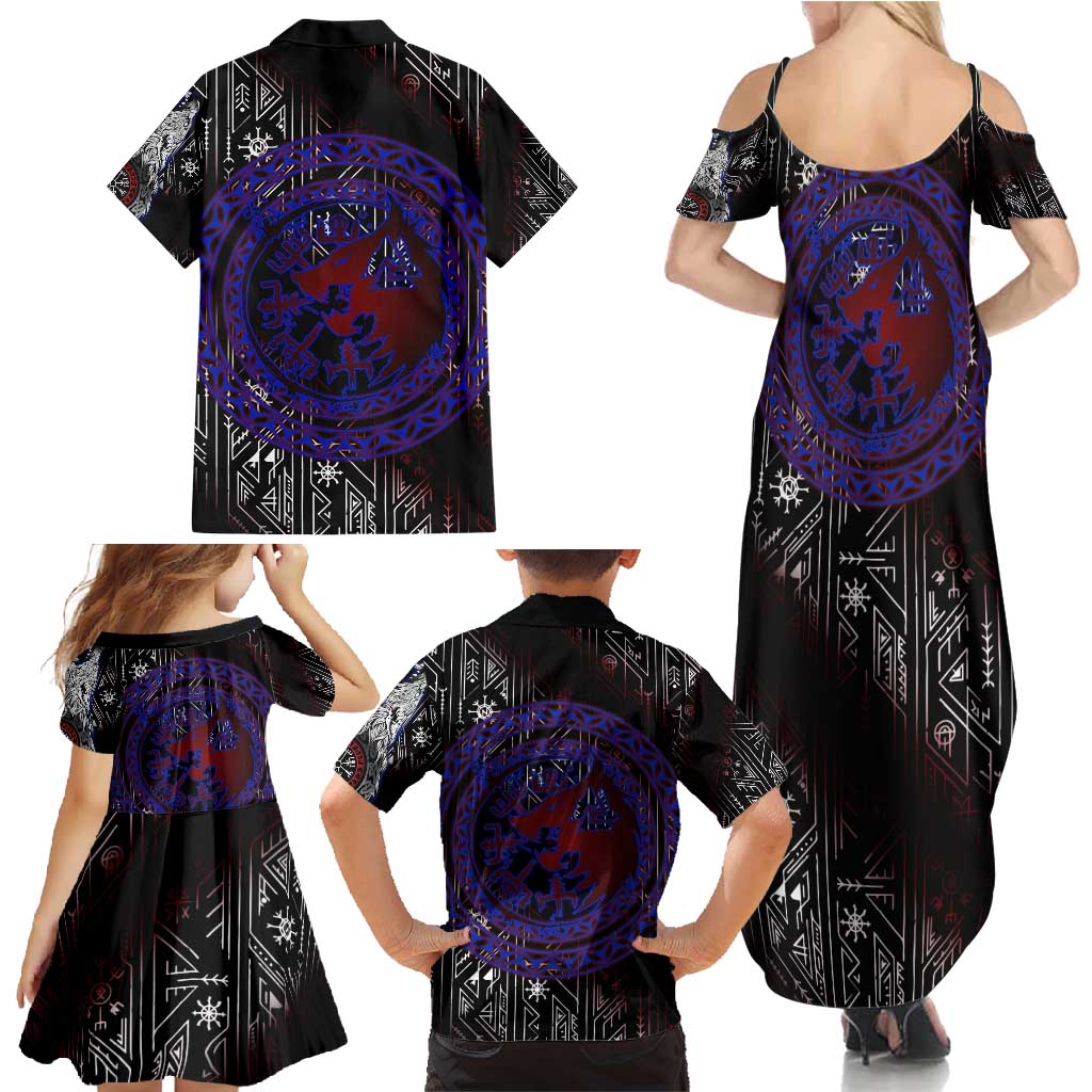 Fenrir Wolf Viking Family Matching Summer Maxi Dress and Hawaiian Shirt with Vegvisir Runes and Red Circle Norse Legend Tribute - Wonder Print Shop