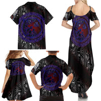 Fenrir Wolf Viking Family Matching Summer Maxi Dress and Hawaiian Shirt with Vegvisir Runes and Red Circle Norse Legend Tribute - Wonder Print Shop