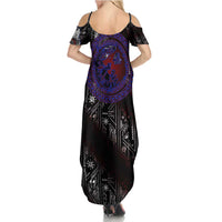 Fenrir Wolf Viking Family Matching Summer Maxi Dress and Hawaiian Shirt with Vegvisir Runes and Red Circle Norse Legend Tribute - Wonder Print Shop