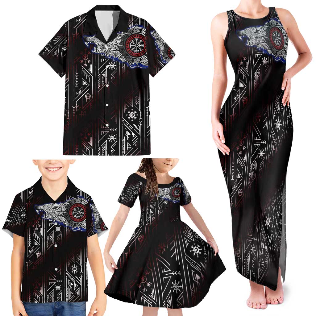 Fenrir Wolf Viking Family Matching Tank Maxi Dress and Hawaiian Shirt with Vegvisir Runes and Red Circle Norse Legend Tribute - Wonder Print Shop