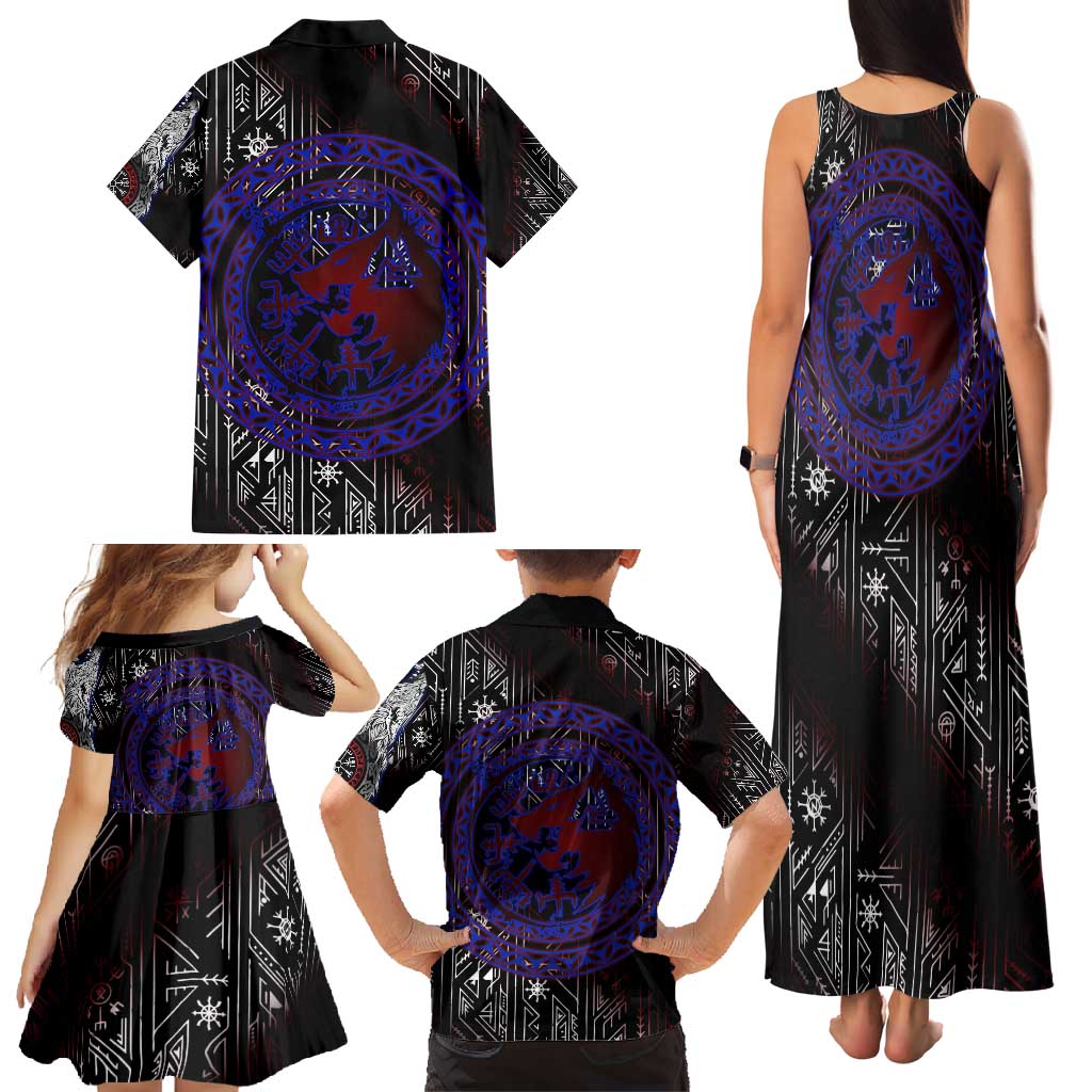Fenrir Wolf Viking Family Matching Tank Maxi Dress and Hawaiian Shirt with Vegvisir Runes and Red Circle Norse Legend Tribute - Wonder Print Shop