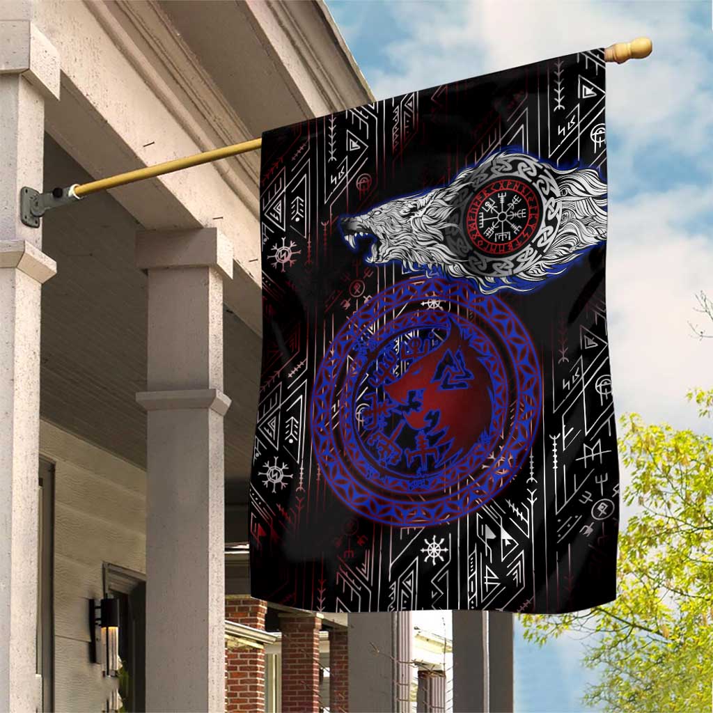 Fenrir Wolf Viking Garden Flag with Vegvisir Runes and Red Circle Norse Legend Tribute - Wonder Print Shop