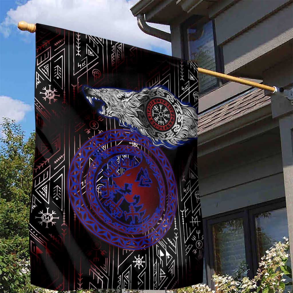 Fenrir Wolf Viking Garden Flag with Vegvisir Runes and Red Circle Norse Legend Tribute - Wonder Print Shop