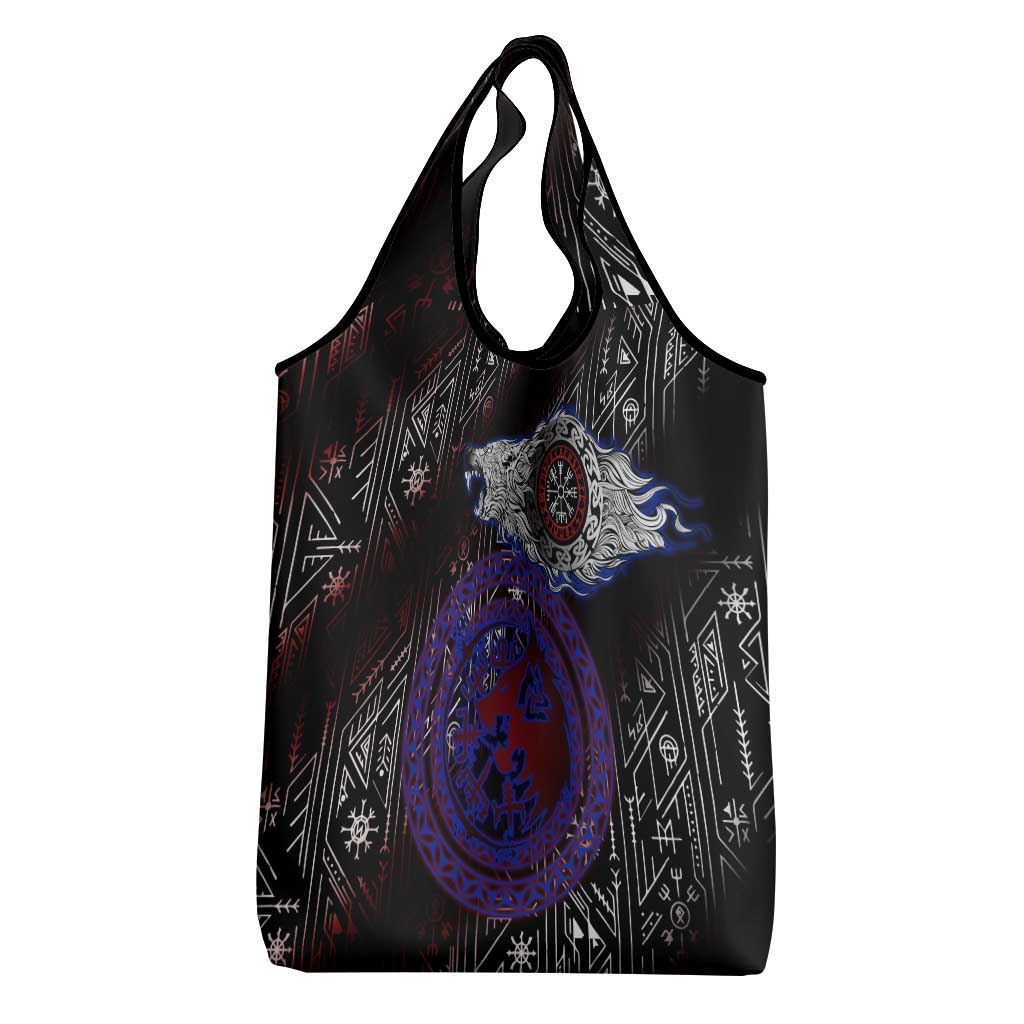 Fenrir Wolf Viking Grocery Bag with Vegvisir Runes and Red Circle Norse Legend Tribute - Wonder Print Shop