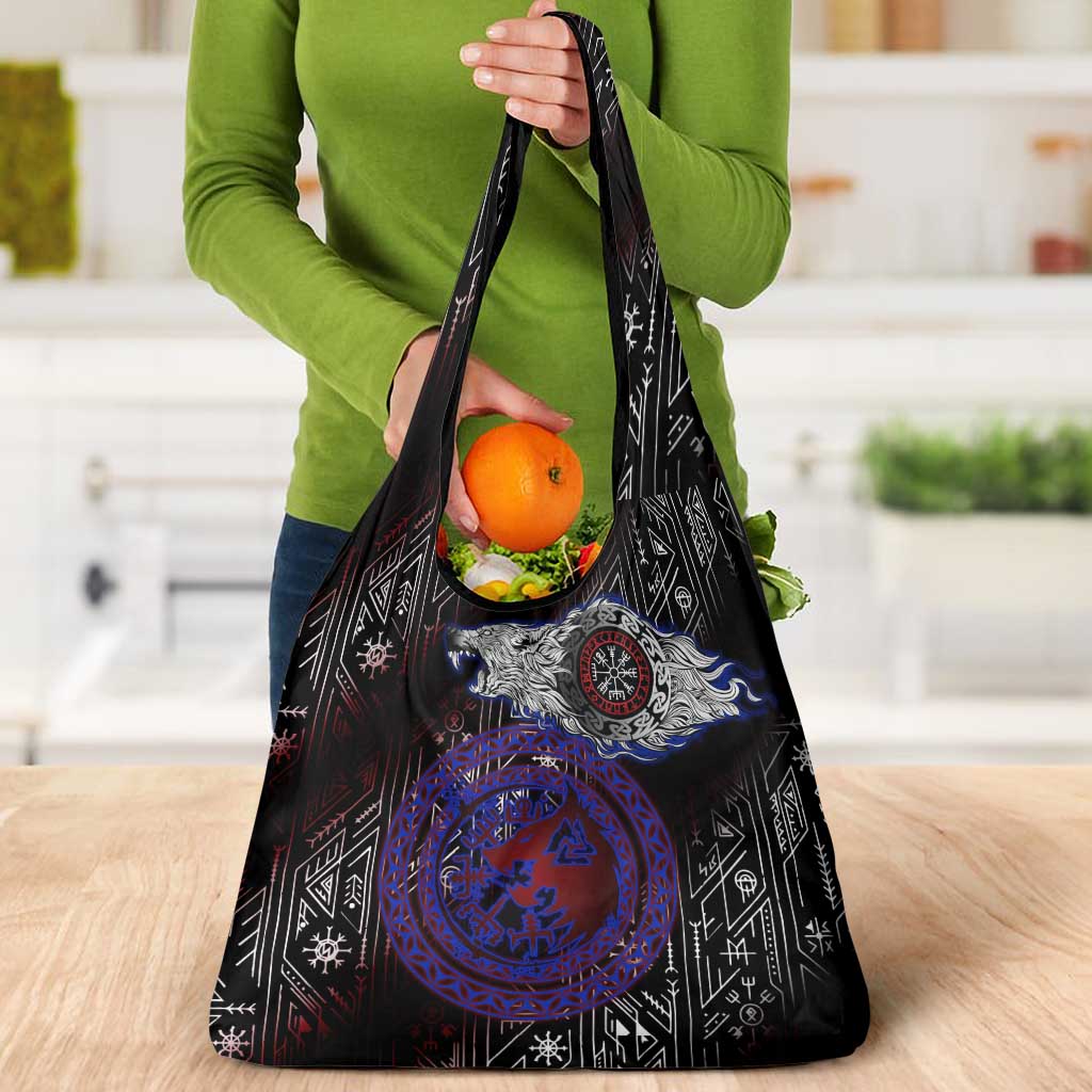 Fenrir Wolf Viking Grocery Bag with Vegvisir Runes and Red Circle Norse Legend Tribute - Wonder Print Shop