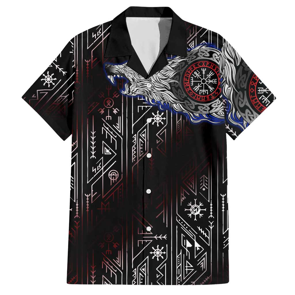 Fenrir Wolf Viking Hawaiian Shirt with Vegvisir Runes and Red Circle Norse Legend Tribute - Wonder Print Shop