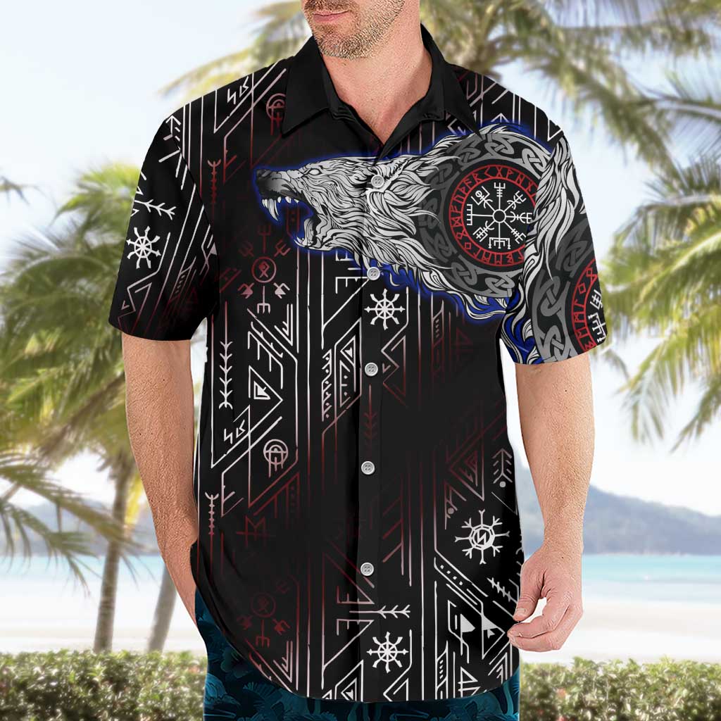 Fenrir Wolf Viking Hawaiian Shirt with Vegvisir Runes and Red Circle Norse Legend Tribute - Wonder Print Shop