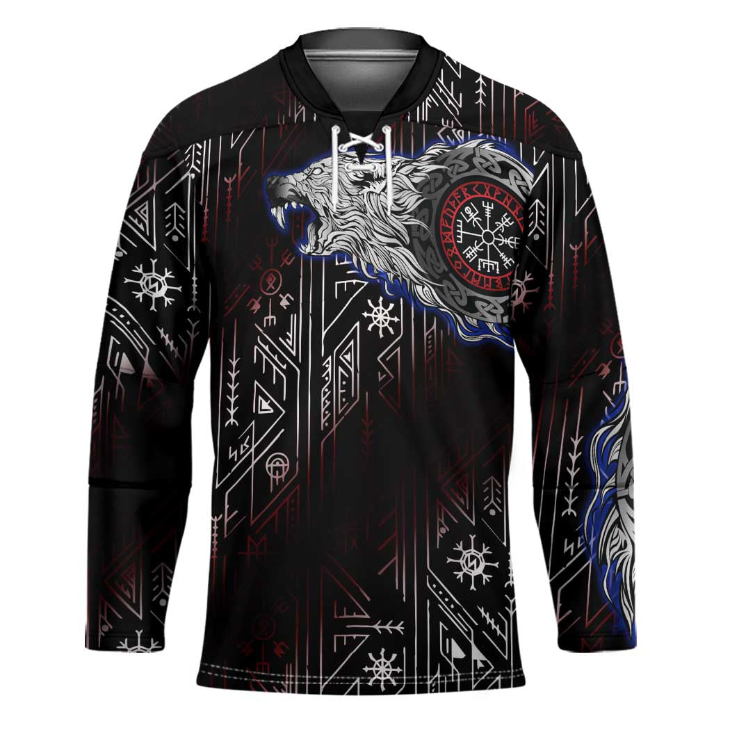 Fenrir Wolf Viking Hockey Jersey with Vegvisir Runes and Red Circle Norse Legend Tribute - Wonder Print Shop