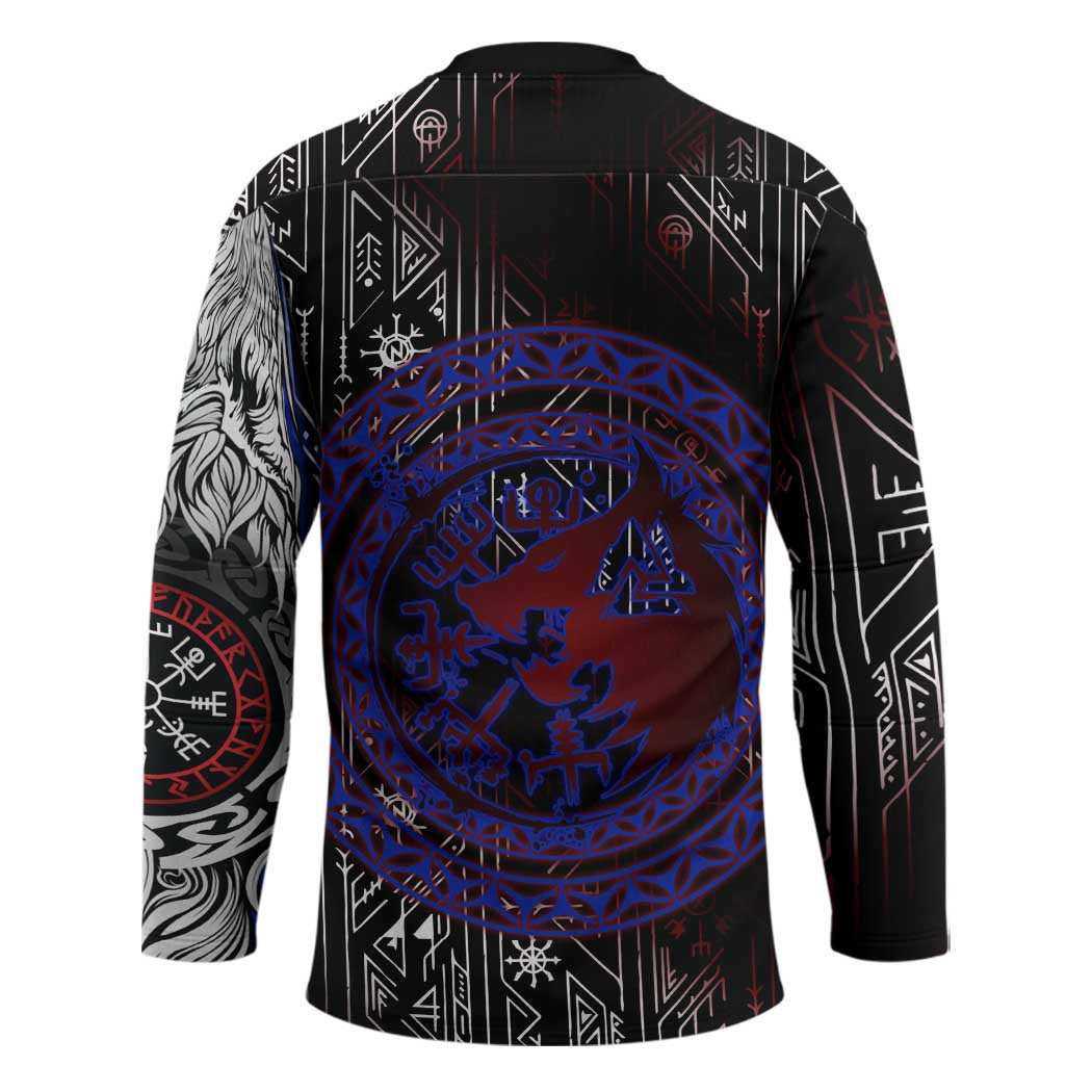 Fenrir Wolf Viking Hockey Jersey with Vegvisir Runes and Red Circle Norse Legend Tribute - Wonder Print Shop