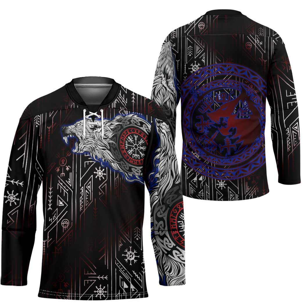 Fenrir Wolf Viking Hockey Jersey with Vegvisir Runes and Red Circle Norse Legend Tribute - Wonder Print Shop