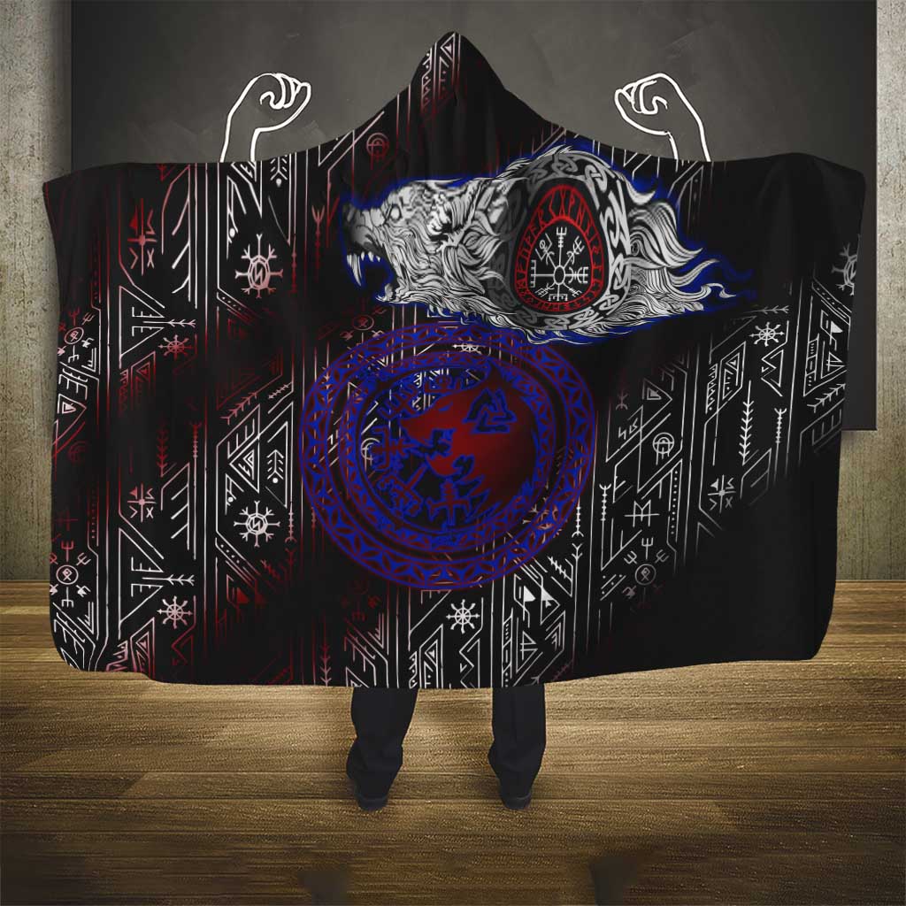 Fenrir Wolf Viking Hooded Blanket with Vegvisir Runes and Red Circle Norse Legend Tribute - Wonder Print Shop