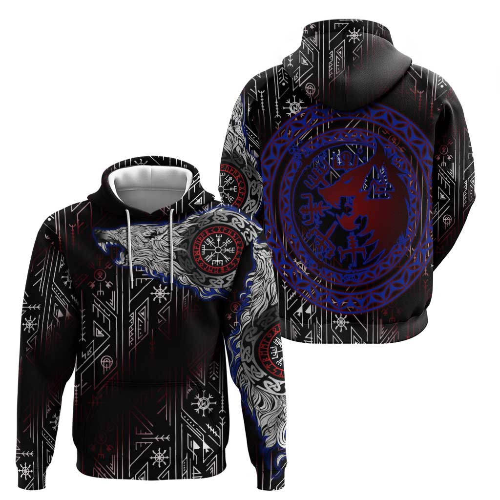 Fenrir Wolf Viking Hoodie with Vegvisir Runes and Red Circle Norse Legend Tribute - Wonder Print Shop