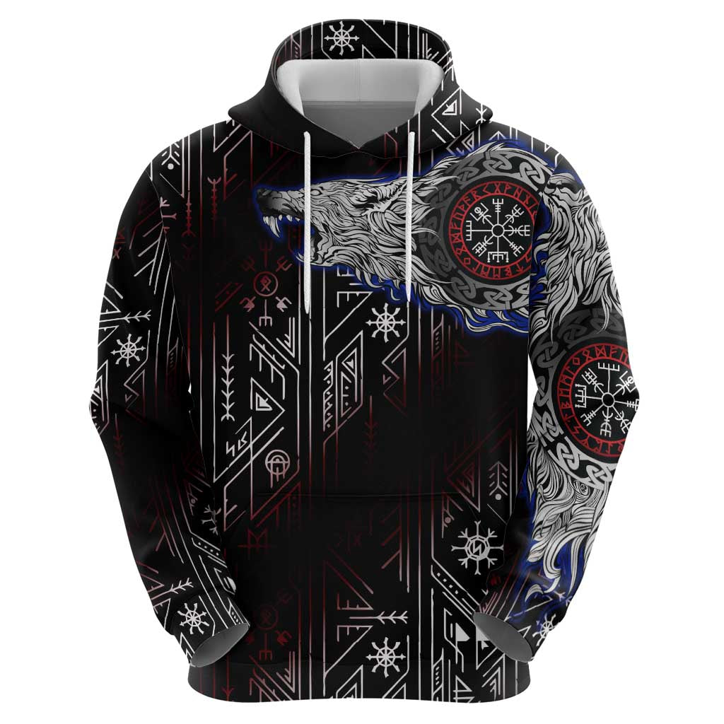 Fenrir Wolf Viking Hoodie with Vegvisir Runes and Red Circle Norse Legend Tribute - Wonder Print Shop