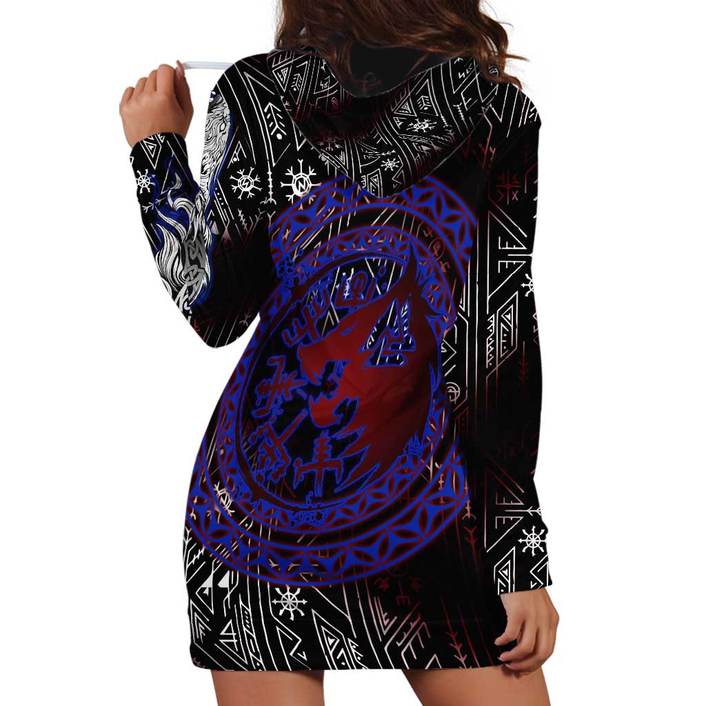 Fenrir Wolf Viking Hoodie Dress with Vegvisir Runes and Red Circle Norse Legend Tribute - Wonder Print Shop