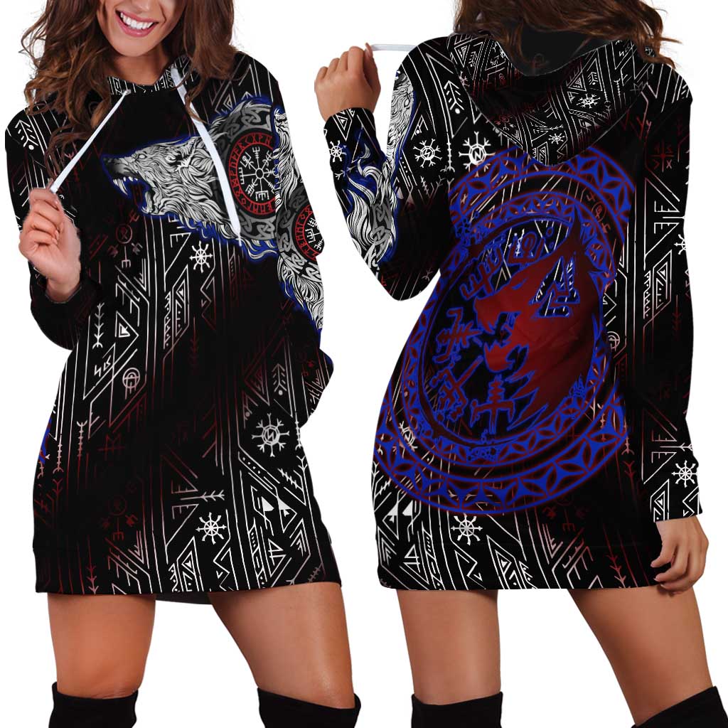 Fenrir Wolf Viking Hoodie Dress with Vegvisir Runes and Red Circle Norse Legend Tribute - Wonder Print Shop
