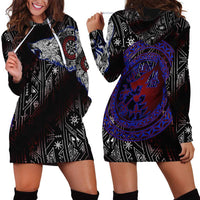 Fenrir Wolf Viking Hoodie Dress with Vegvisir Runes and Red Circle Norse Legend Tribute - Wonder Print Shop