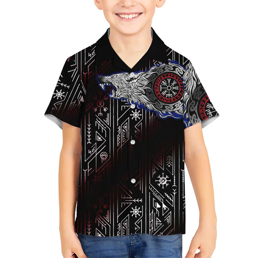 Fenrir Wolf Viking Kid Hawaiian Shirt with Vegvisir Runes and Red Circle Norse Legend Tribute - Wonder Print Shop