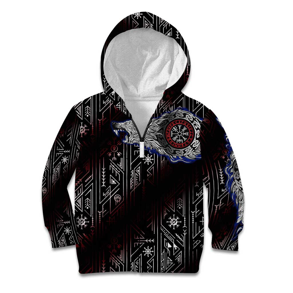 Fenrir Wolf Viking Kid Hoodie with Vegvisir Runes and Red Circle Norse Legend Tribute - Wonder Print Shop