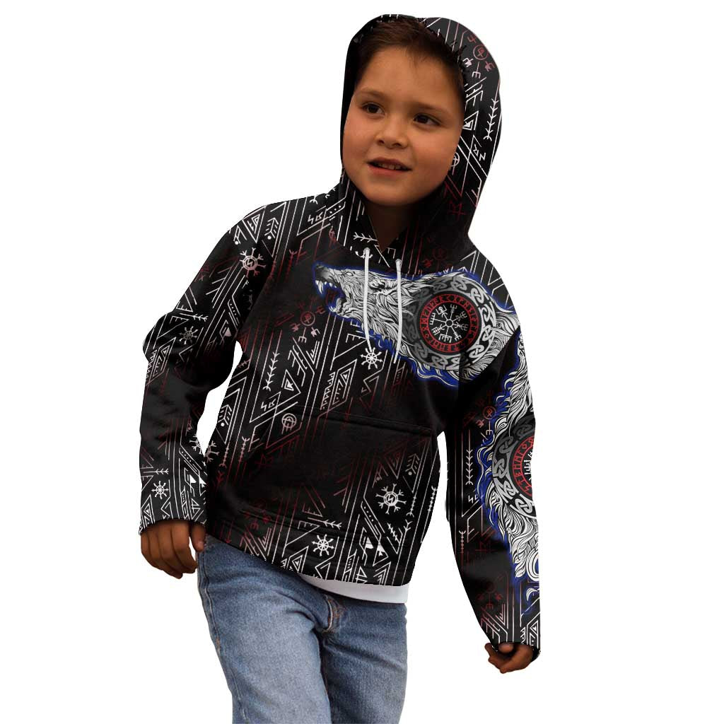 Fenrir Wolf Viking Kid Hoodie with Vegvisir Runes and Red Circle Norse Legend Tribute - Wonder Print Shop