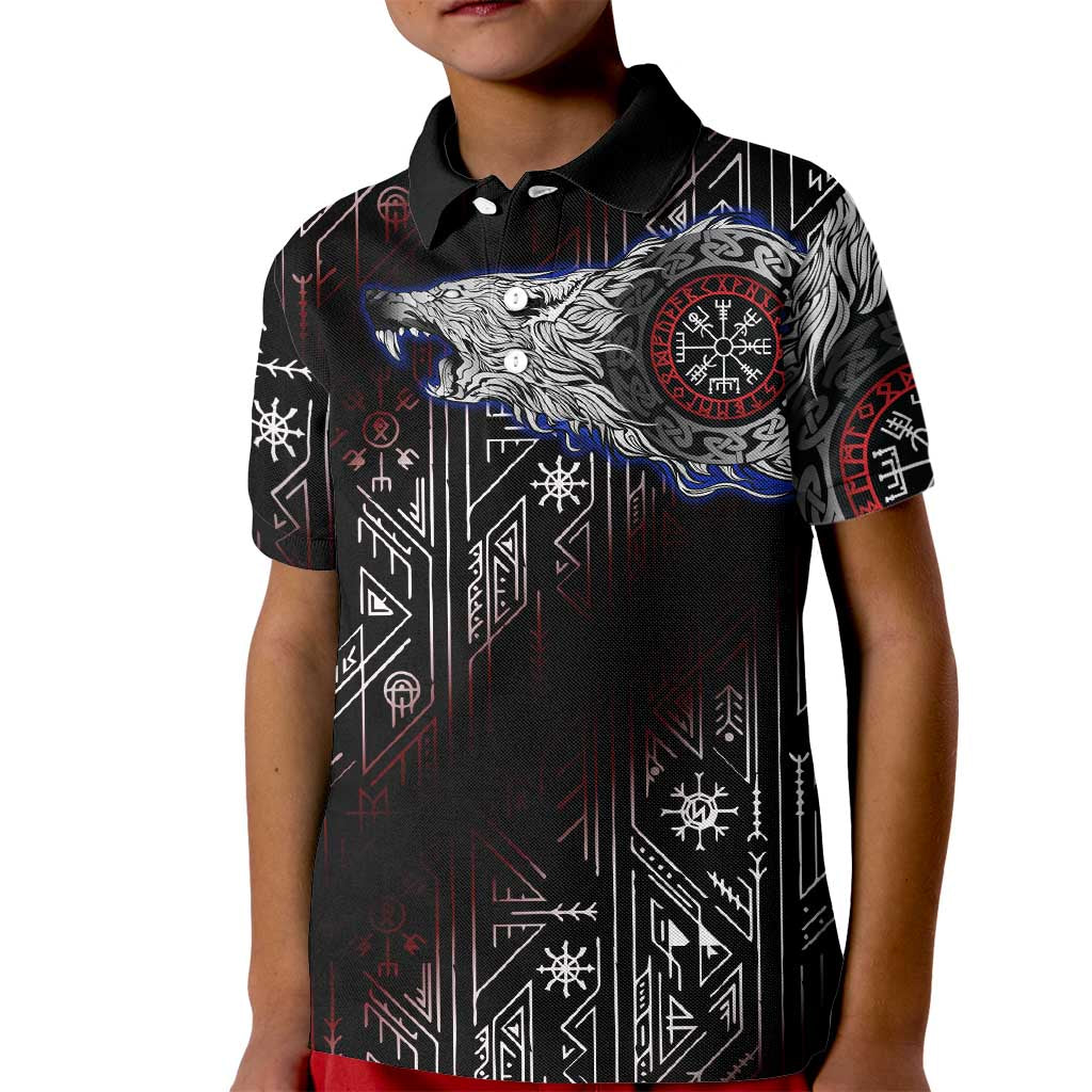 Fenrir Wolf Viking Kid Polo Shirt with Vegvisir Runes and Red Circle Norse Legend Tribute - Wonder Print Shop