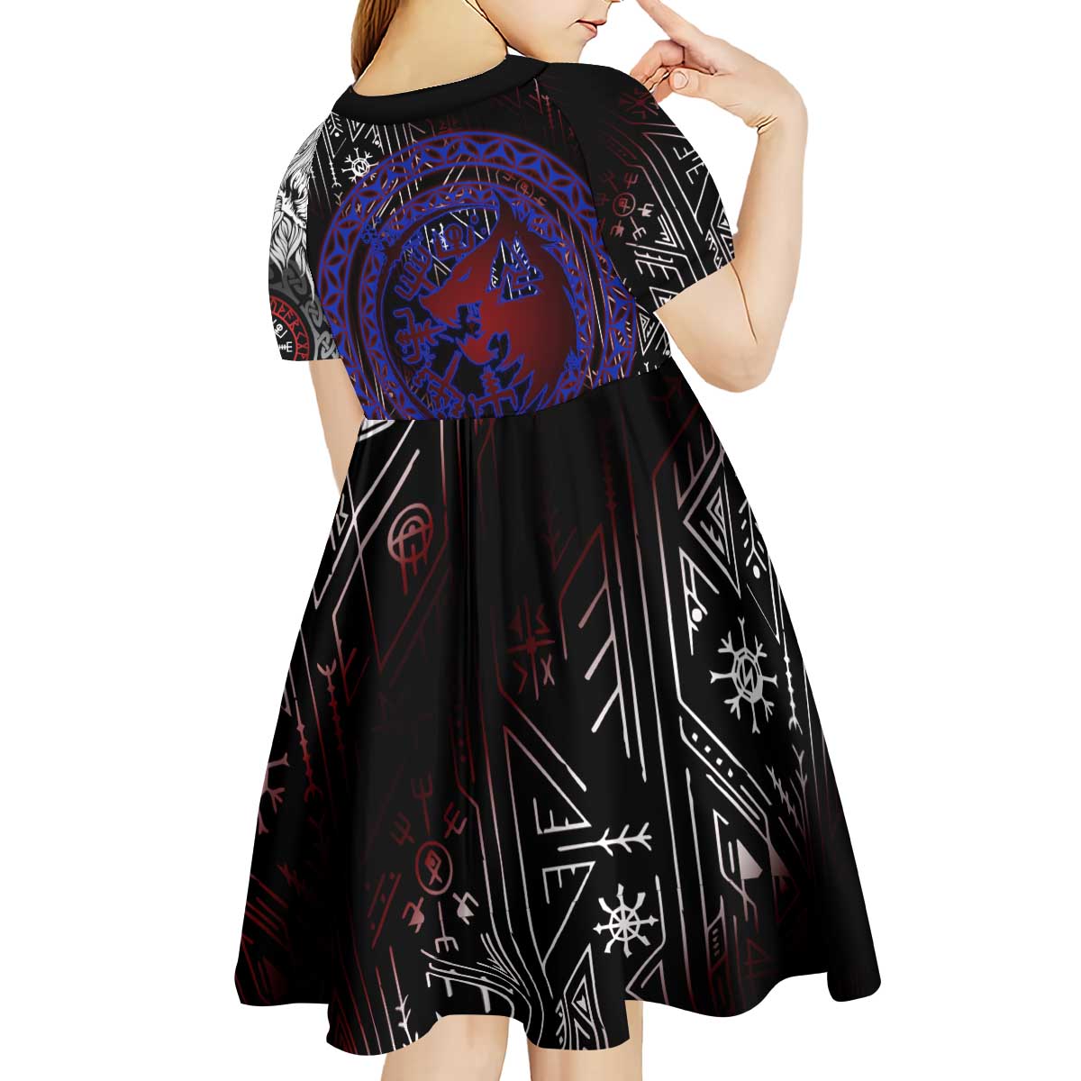 Fenrir Wolf Viking Kid Short Sleeve Dress with Vegvisir Runes and Red Circle Norse Legend Tribute - Wonder Print Shop