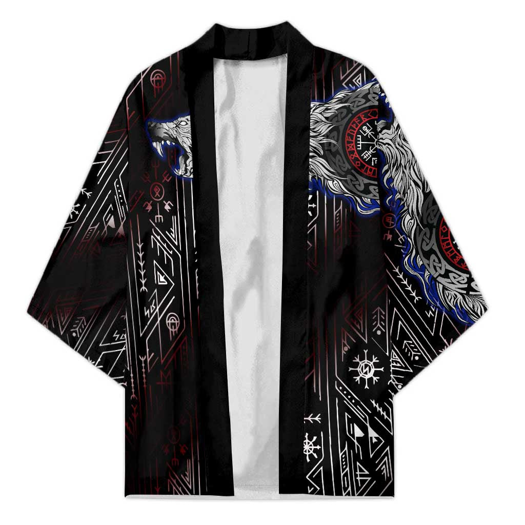 Fenrir Wolf Viking Kimono with Vegvisir Runes and Red Circle Norse Legend Tribute - Wonder Print Shop
