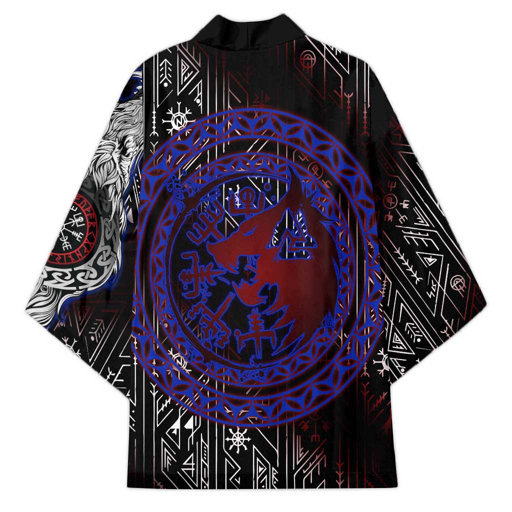 Fenrir Wolf Viking Kimono with Vegvisir Runes and Red Circle Norse Legend Tribute - Wonder Print Shop