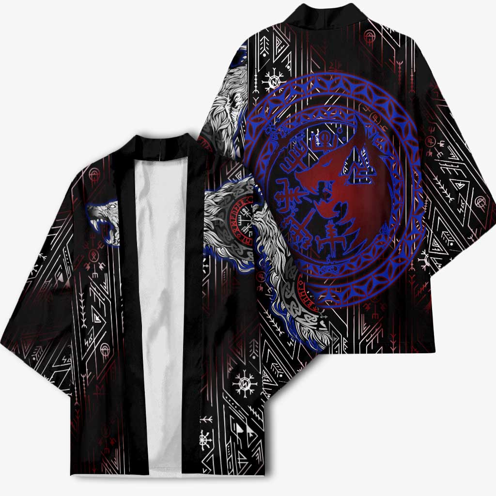Fenrir Wolf Viking Kimono with Vegvisir Runes and Red Circle Norse Legend Tribute - Wonder Print Shop