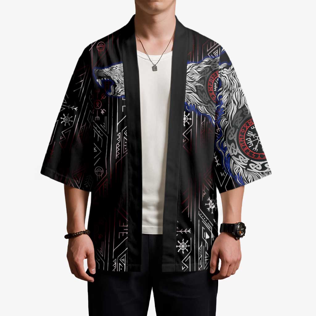 Fenrir Wolf Viking Kimono with Vegvisir Runes and Red Circle Norse Legend Tribute - Wonder Print Shop