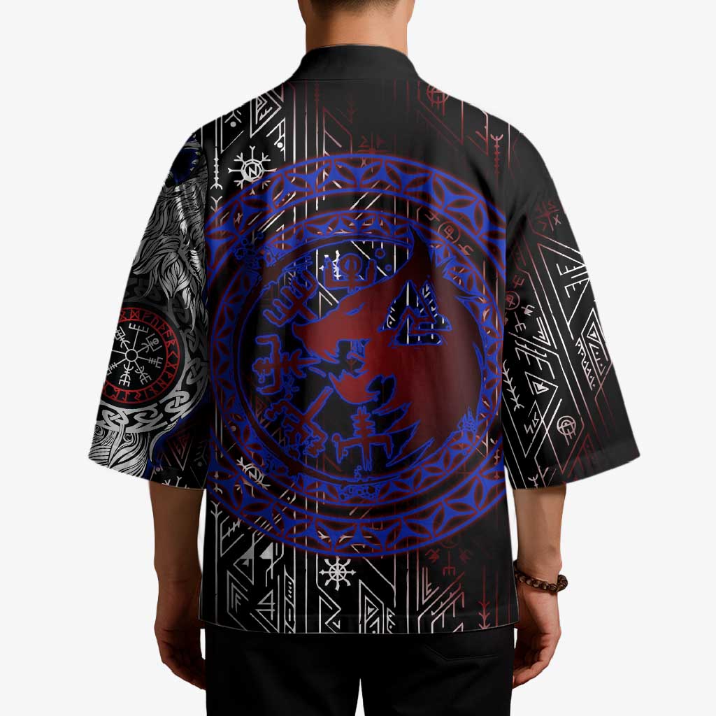 Fenrir Wolf Viking Kimono with Vegvisir Runes and Red Circle Norse Legend Tribute - Wonder Print Shop