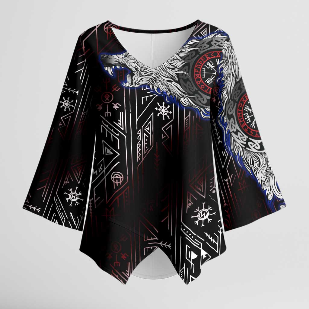 Fenrir Wolf Viking Kimono Sleeve Blouse with Vegvisir Runes and Red Circle Norse Legend Tribute - Wonder Print Shop