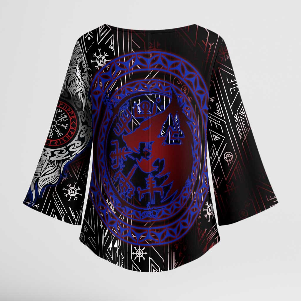 Fenrir Wolf Viking Kimono Sleeve Blouse with Vegvisir Runes and Red Circle Norse Legend Tribute - Wonder Print Shop