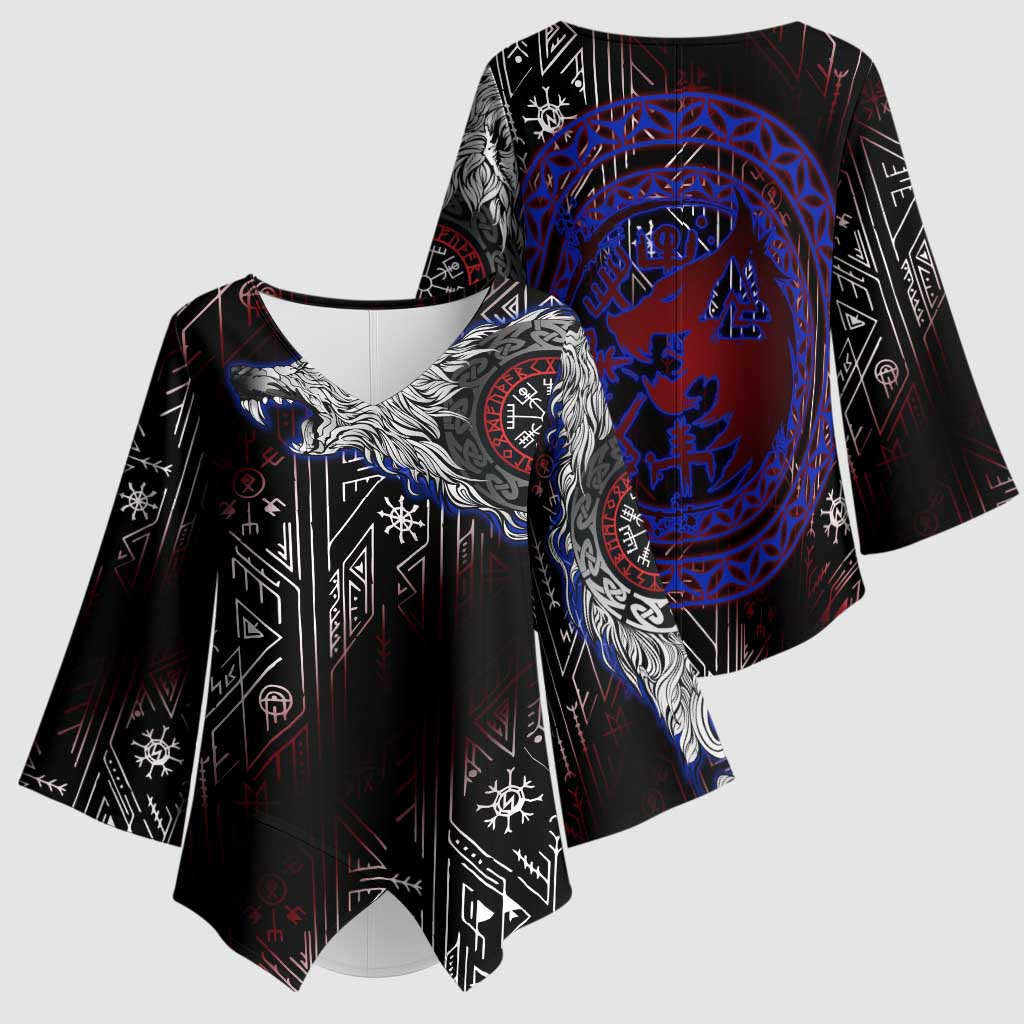 Fenrir Wolf Viking Kimono Sleeve Blouse with Vegvisir Runes and Red Circle Norse Legend Tribute - Wonder Print Shop