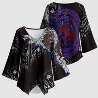 Fenrir Wolf Viking Kimono Sleeve Blouse with Vegvisir Runes and Red Circle Norse Legend Tribute - Wonder Print Shop