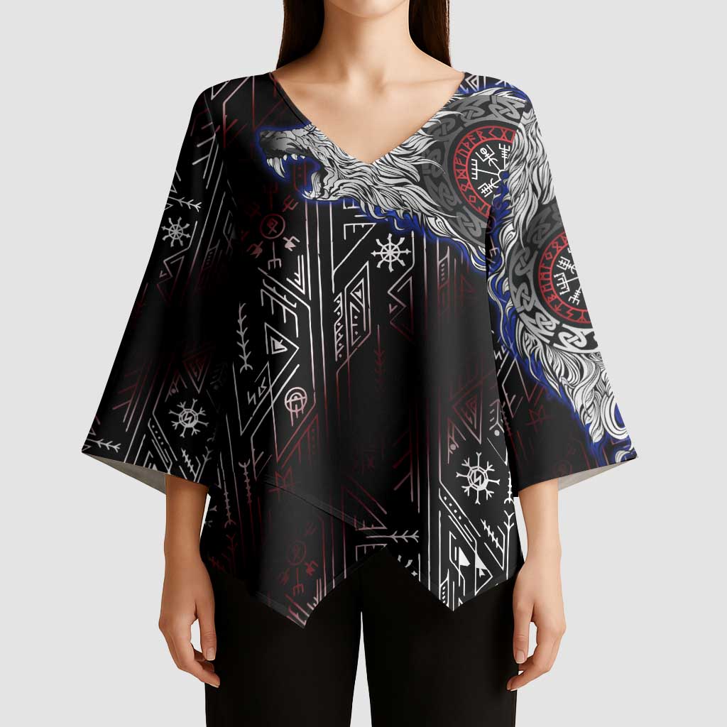 Fenrir Wolf Viking Kimono Sleeve Blouse with Vegvisir Runes and Red Circle Norse Legend Tribute - Wonder Print Shop