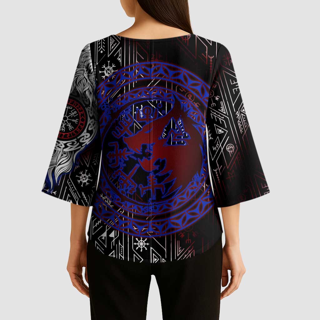 Fenrir Wolf Viking Kimono Sleeve Blouse with Vegvisir Runes and Red Circle Norse Legend Tribute - Wonder Print Shop