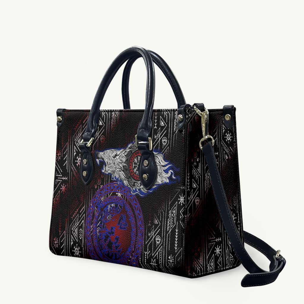 Fenrir Wolf Viking Leather Bag with Vegvisir Runes and Red Circle Norse Legend Tribute - Wonder Print Shop