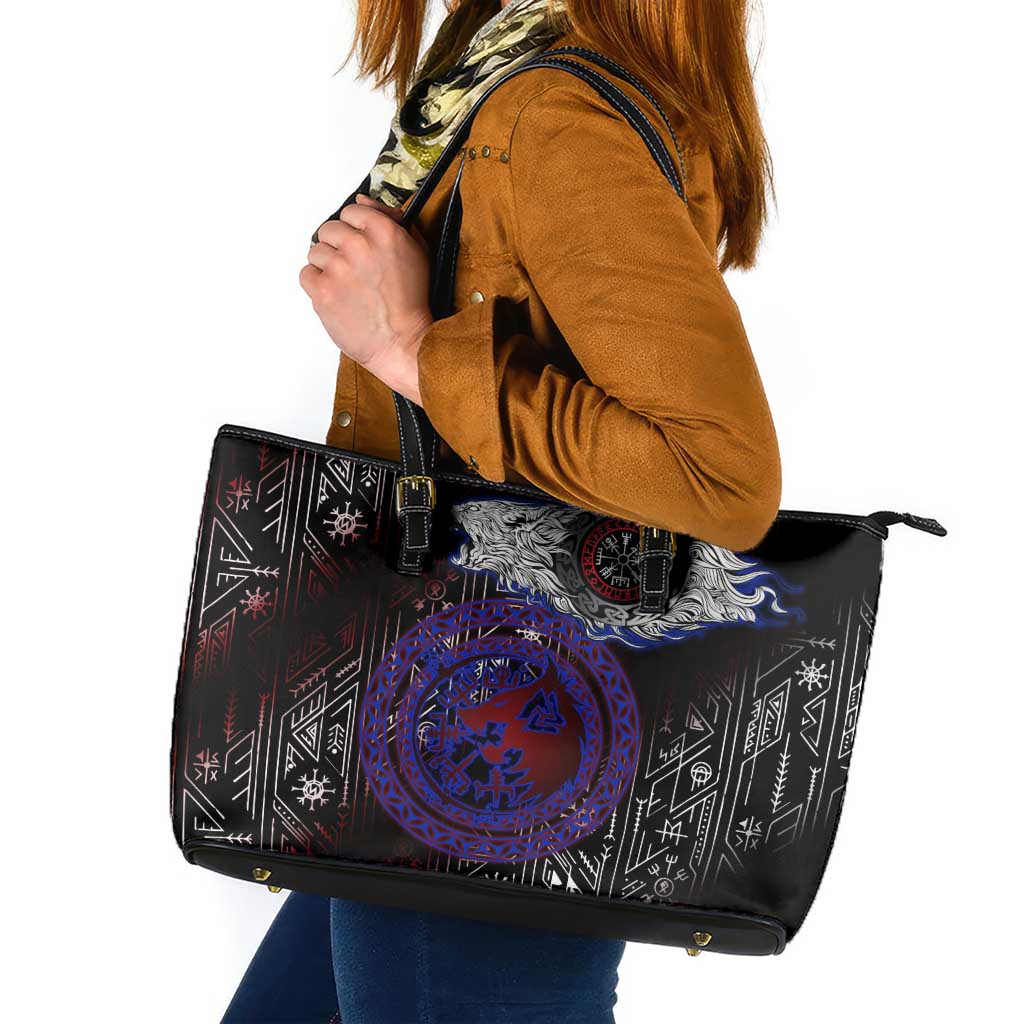 Fenrir Wolf Viking Leather Tote Bag with Vegvisir Runes and Red Circle Norse Legend Tribute - Wonder Print Shop
