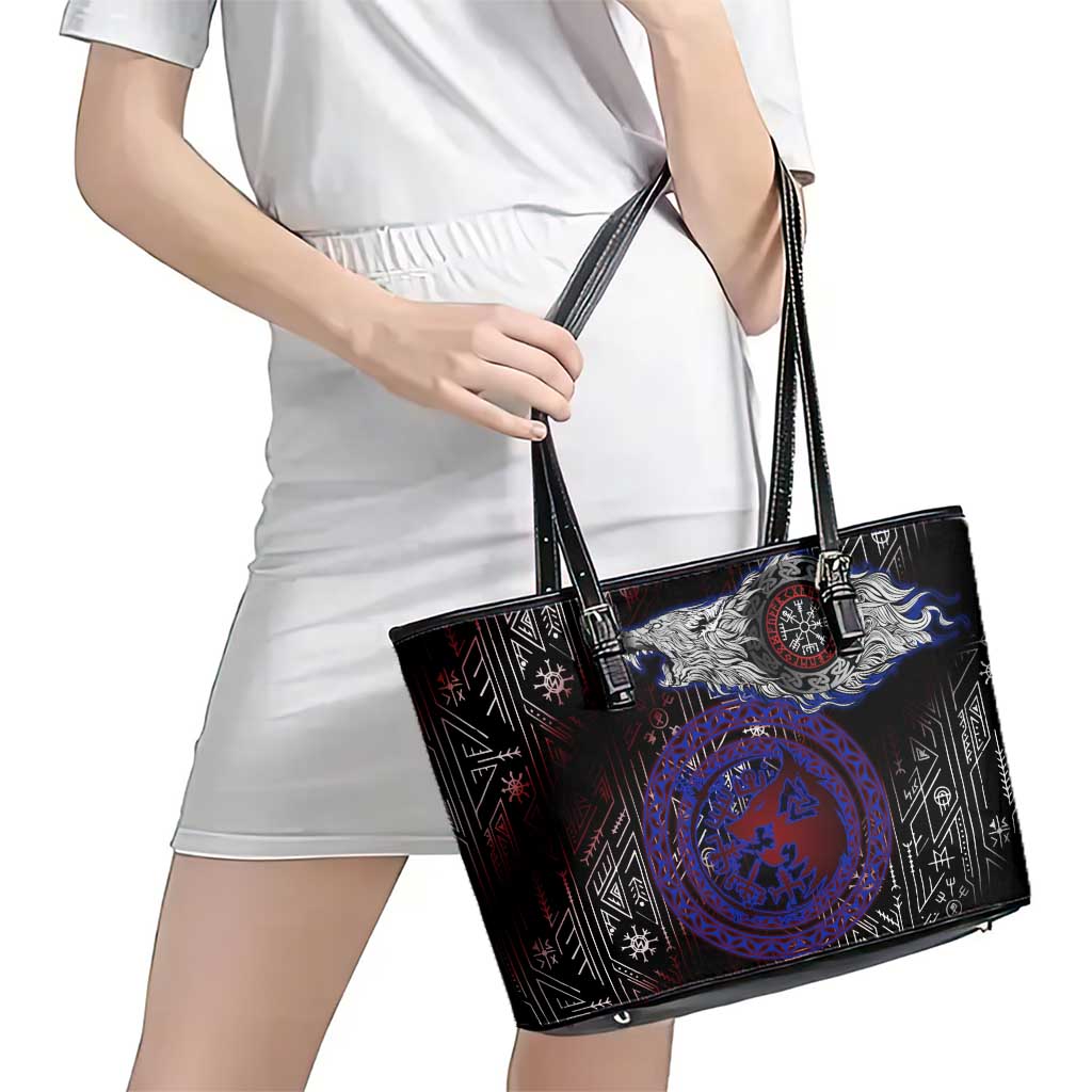 Fenrir Wolf Viking Leather Tote Bag with Vegvisir Runes and Red Circle Norse Legend Tribute - Wonder Print Shop