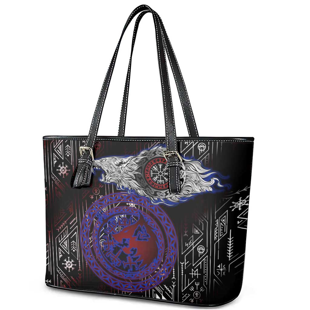 Fenrir Wolf Viking Leather Tote Bag with Vegvisir Runes and Red Circle Norse Legend Tribute - Wonder Print Shop