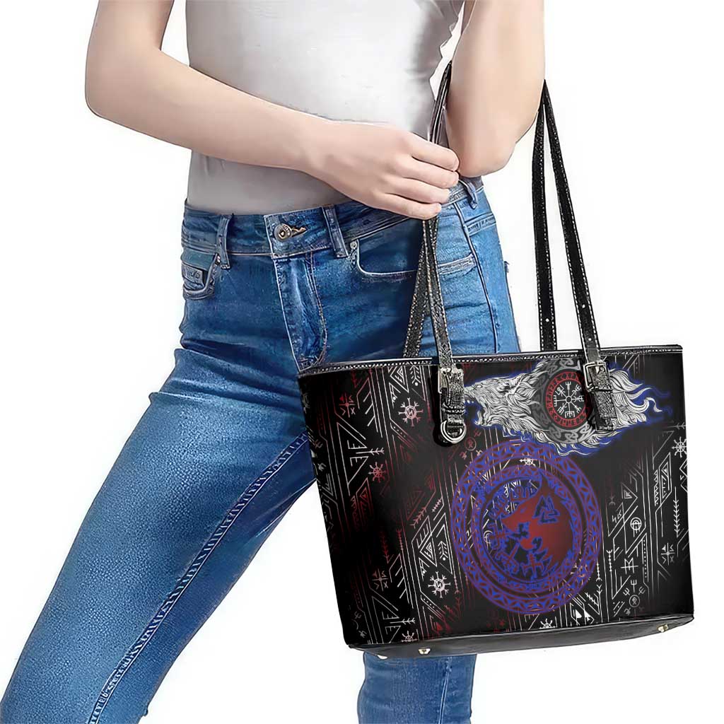 Fenrir Wolf Viking Leather Tote Bag with Vegvisir Runes and Red Circle Norse Legend Tribute - Wonder Print Shop