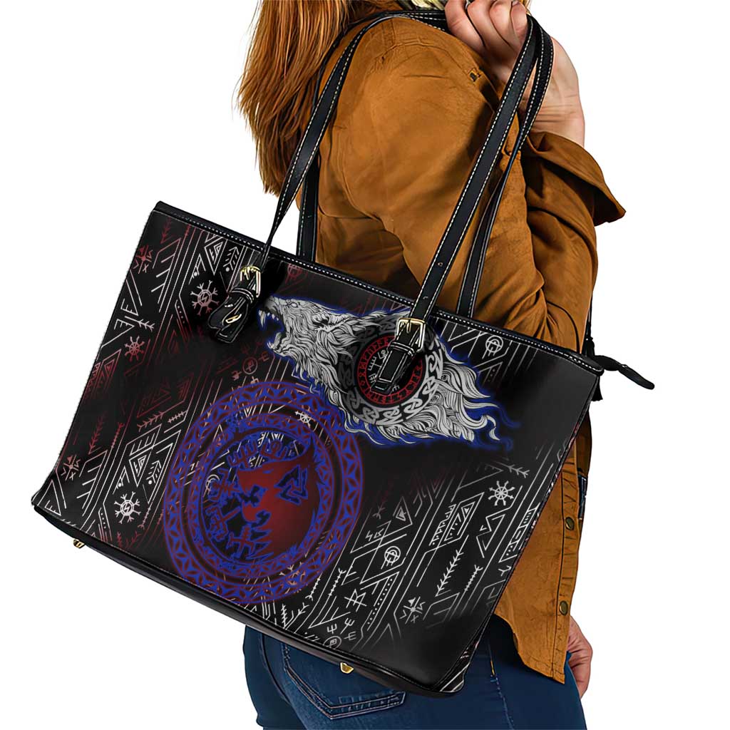 Fenrir Wolf Viking Leather Tote Bag with Vegvisir Runes and Red Circle Norse Legend Tribute - Wonder Print Shop